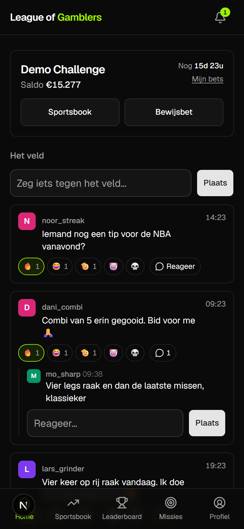 De tijdlijn van een lopende challenge in de app